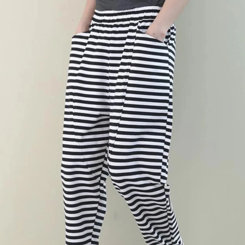 

Корейский стиль, Новинка лета 2024, женские эластичные свободные минималистичные повседневные брюки Harlan в полоску с высокой талией и карманами в стиле пэчворк