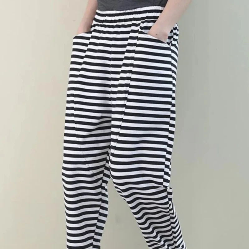 

Korean Women's 2024 Summer New Patchwork Elasticized High-waisted Pocket Striped Fashion Loose Minimalist Casual Harlan Pants