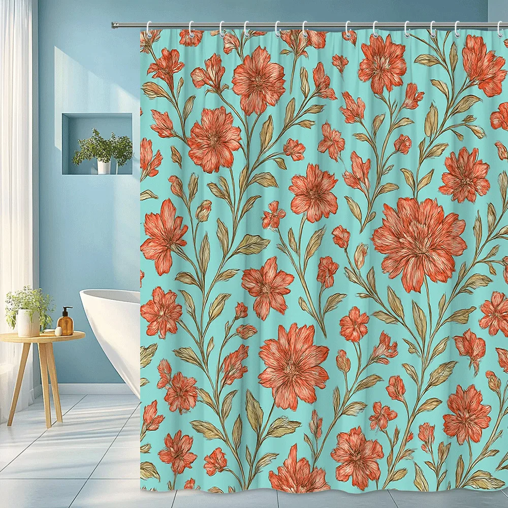 

Vintage Floral Shower Curtain Coral Flowers on Turquoise Background Botanical Garden Style Bathroom Decor Waterproof non-toxic