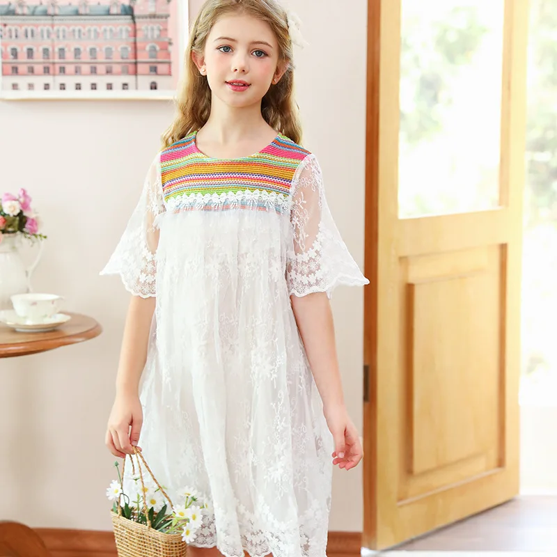 

Girls' Dress 2025 New Summer Mid Size White Lace Dress for Children, Little Girls' Performance Princess