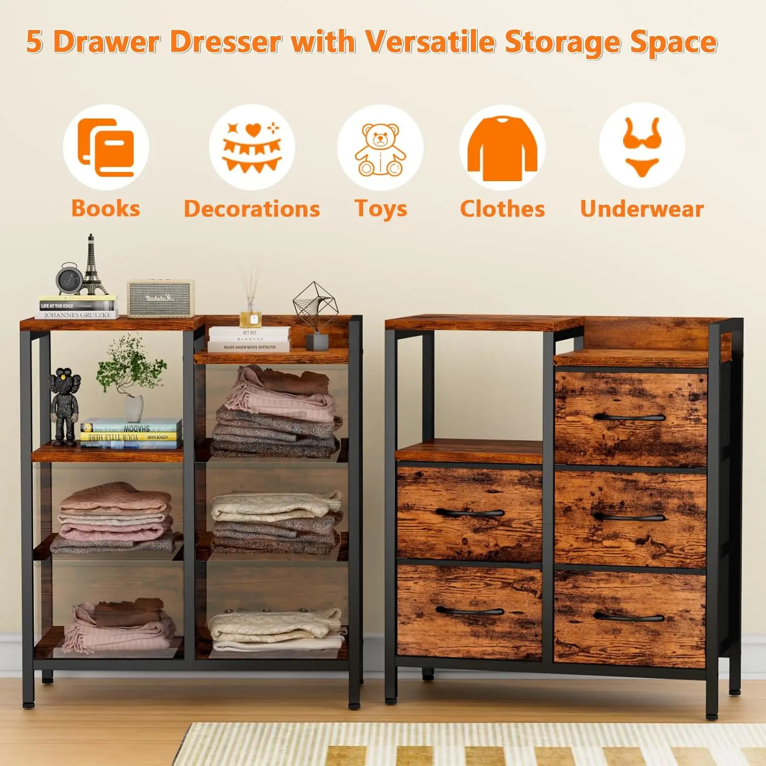 Industrial Dresser for Bedroom, Small Storage Unit Organizer with 5 Fabric Drawers and 2-Tier Side Shelves, End Table/Nightstand