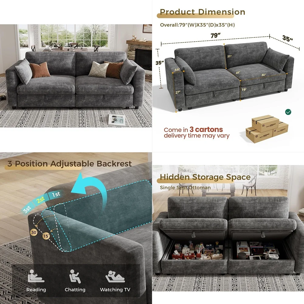 

113.78 Chenille Sectional Sofa, Comfy Modular Loveseat Sofa, Modern 3Seat Couch Deep Seat Sofa Set for Living Room,Beige