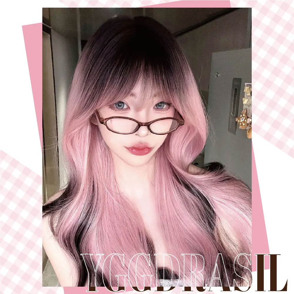 30 Polegada estilo punk menina rosa-preto ombre perucas sintéticas com franja longo ondulado peruca de cabelo para uso diário feminino cosplay resistente ao calor