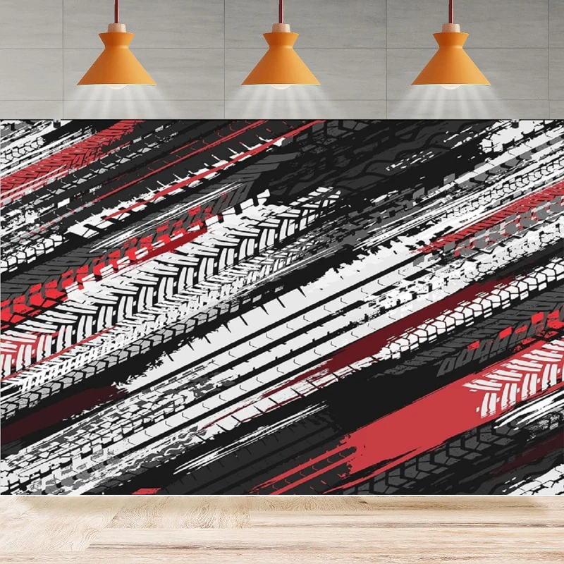 Photography Backdrop Black Red Grey Motorcycle Bicycle Tire Tracks Wavy Stripes Wall Art Bedroom Background Home Decor Banner