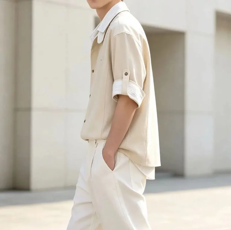 Luxury Trendy Patchwork Striped Men's Short-sleeve Korean Shirt New High-end Casual Men's Top Double-layered Collar Cool