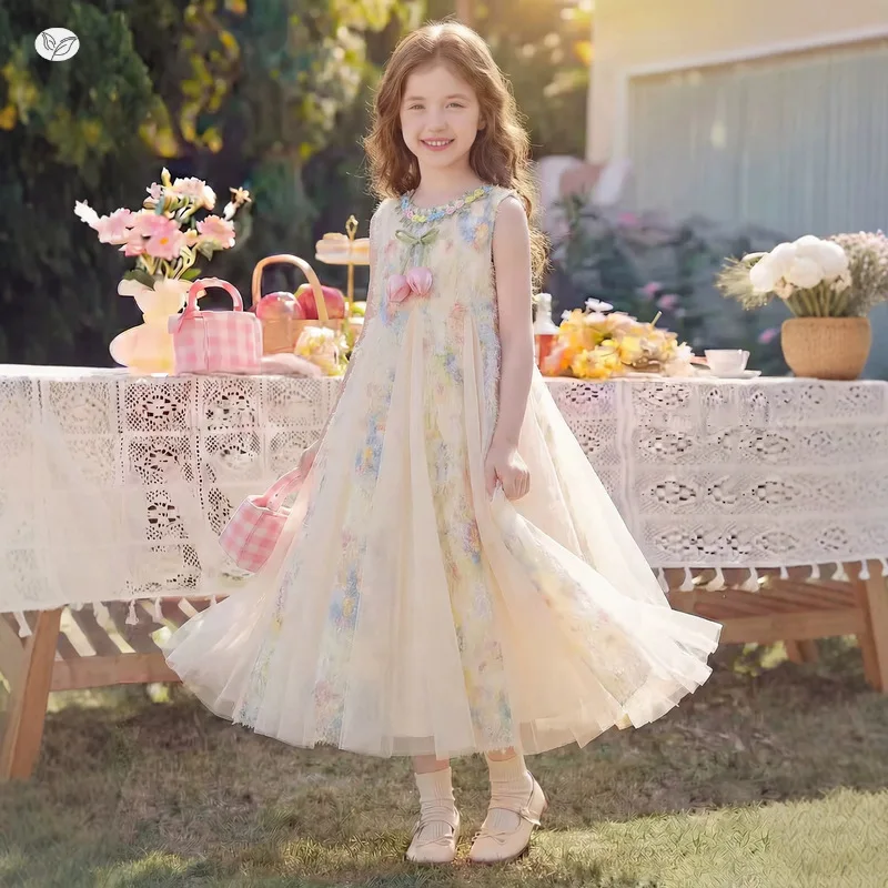 Vestido Fino de Verão para Meninas 2026, Novo Vestido Floral Infantil de Verão, Roupas de Verão para Meninas, Vestido de Princesa Fashionável