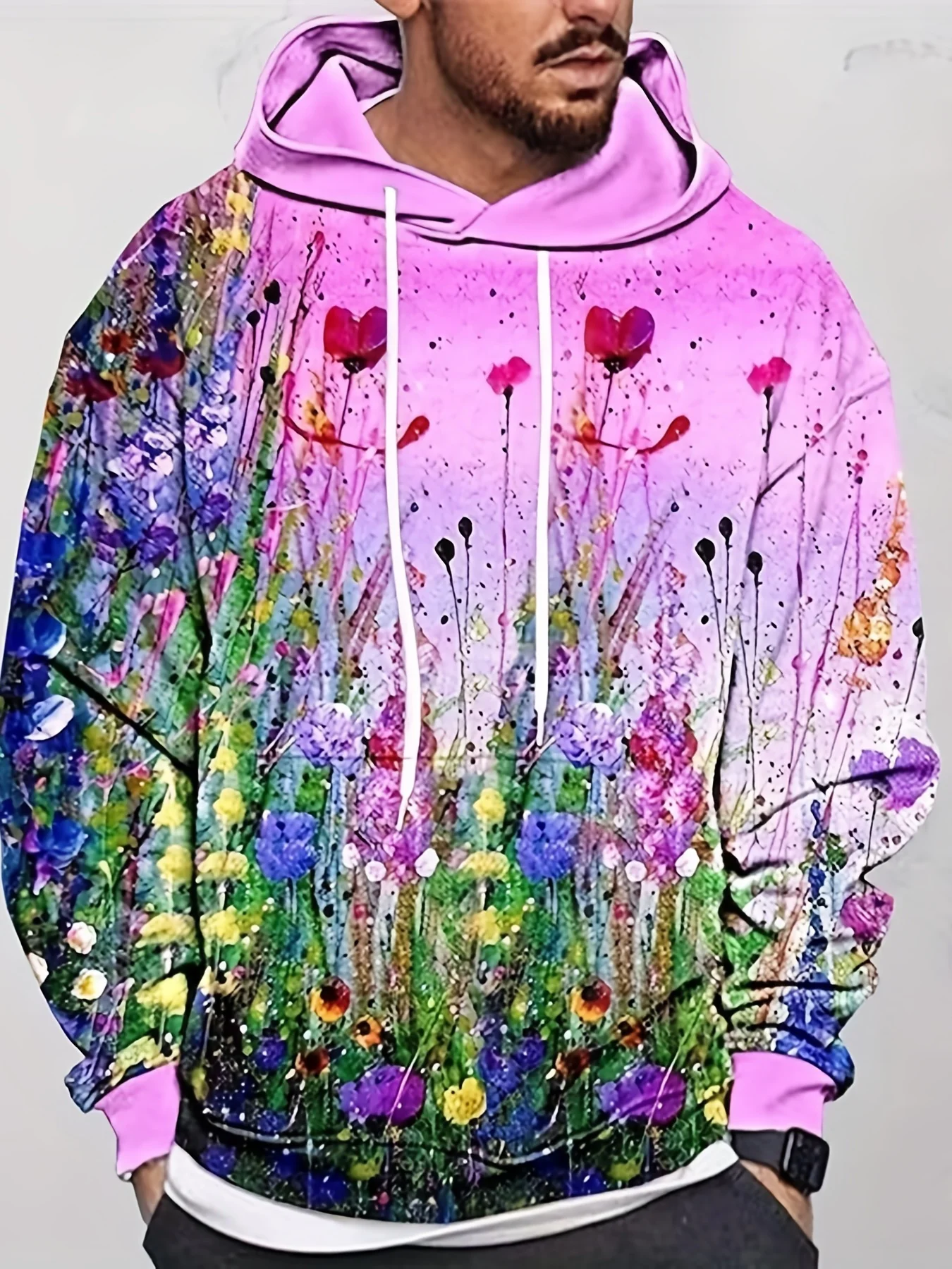 Men Pink Gradient Background Watercolor Wildflower Splash Print Drawstring Hoodie With Pocket