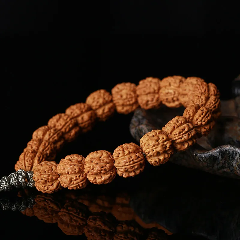 Chinese Traditional Auspicious 5 Mukhi Nepal Rudraksha Bracelet 15mm Plum Blossom Stake Double Dragon Pattern Unisex Blessing