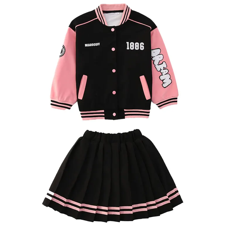 Teen Girls Spring Baseball Uniform Suit Autumn Fashion Letter Print Patchwork Jacket Coat + Pleated Skirt 2pcs JK Outfits 4-14Y