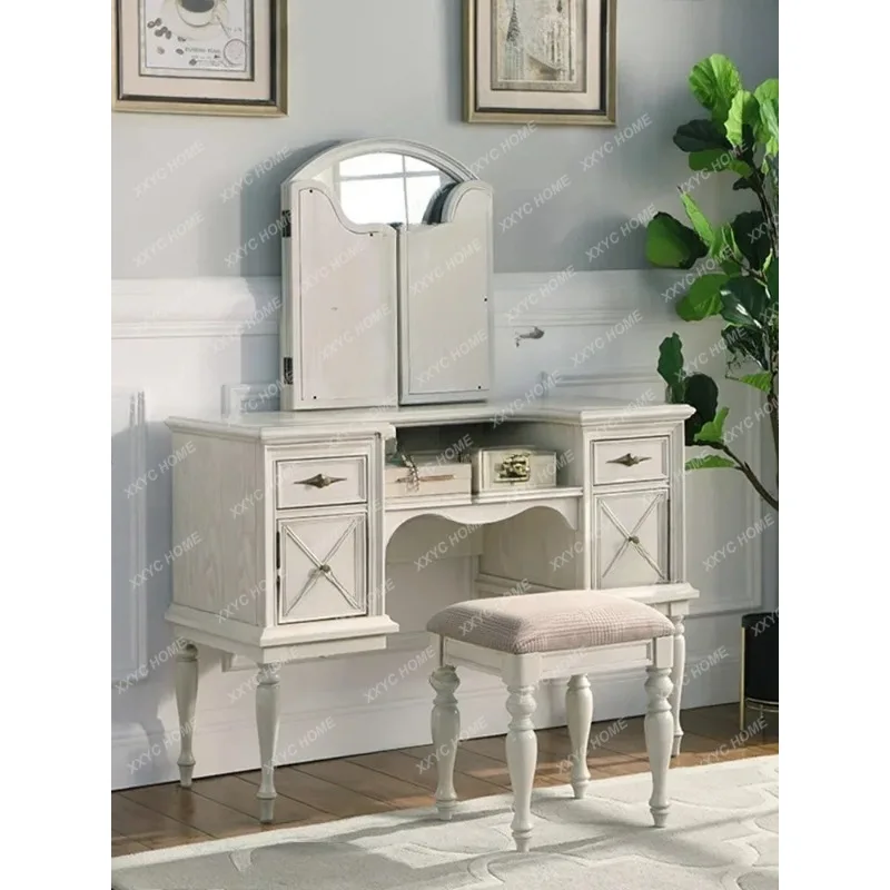 XXStyle Solid Wood Integrated Dressing Table Combination Flip Trifold Mirror Light Luxury Makeup Mirror Combination