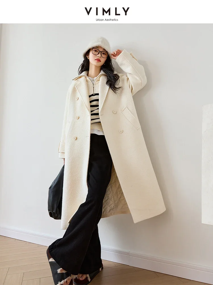 VIMLY Women's Simple Woolen Coats Winter Loose Casual Double Breasted Jacket Office Lady Outerwear Elegant Thick Long Overcoat