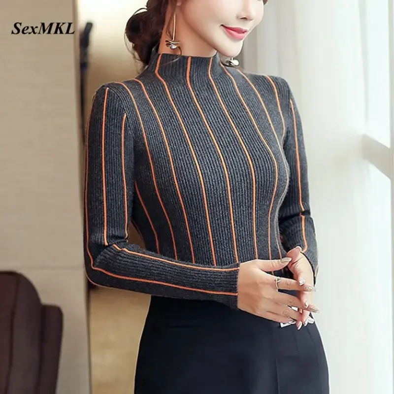 SEXMKL Striped Turtleneck Pullover Women 2024 Winter Thick Sweater Red Korean Ladies Office Knitted Sweater Black Top Pull Femme