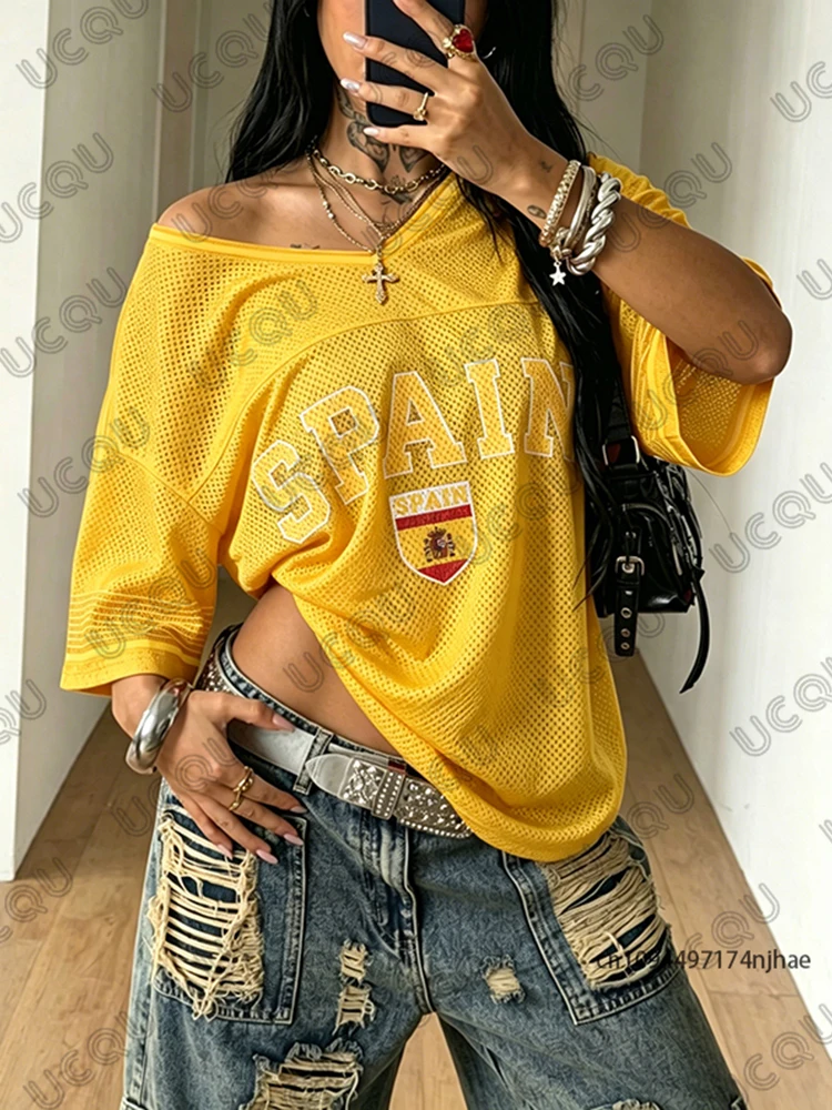 2026 Sommer Neues Spanien-Flaggen-Print T-Shirt für Damen V-Ausschnitt Kurzarm Tees Fußballtrikot Y2k Locker Übergroße Sport-Tops – Detail 9