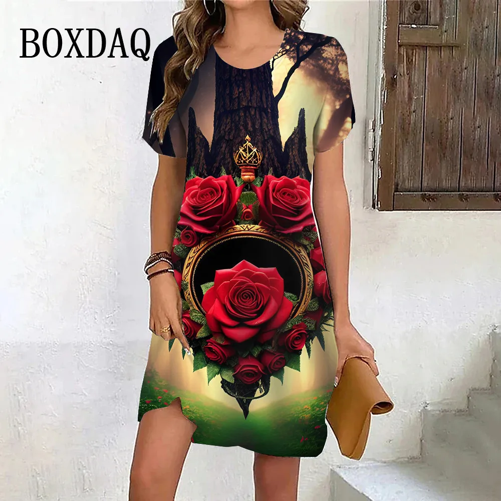 

2024 Summer Women's Rose Flower Print Short-Sleeve Dress Elegant Casual Retro Floral Theme Printed Female Oversized Mini Dresses