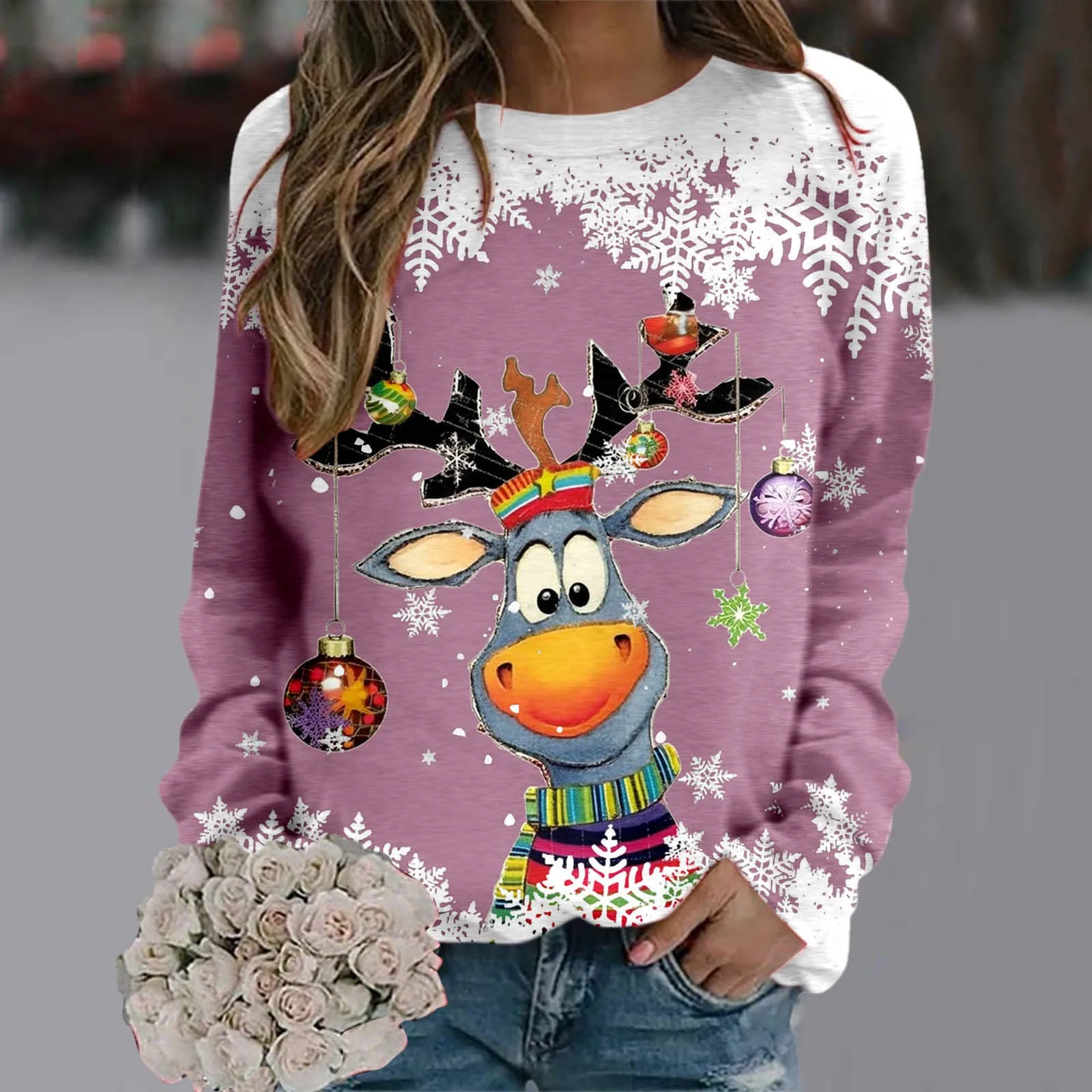 Women Christmas Sweatshirts Winter Snowman Snowflake Print Long Sleeve Y2k Hoodie Streetwear Pullovers Tops Comfortable Clothing