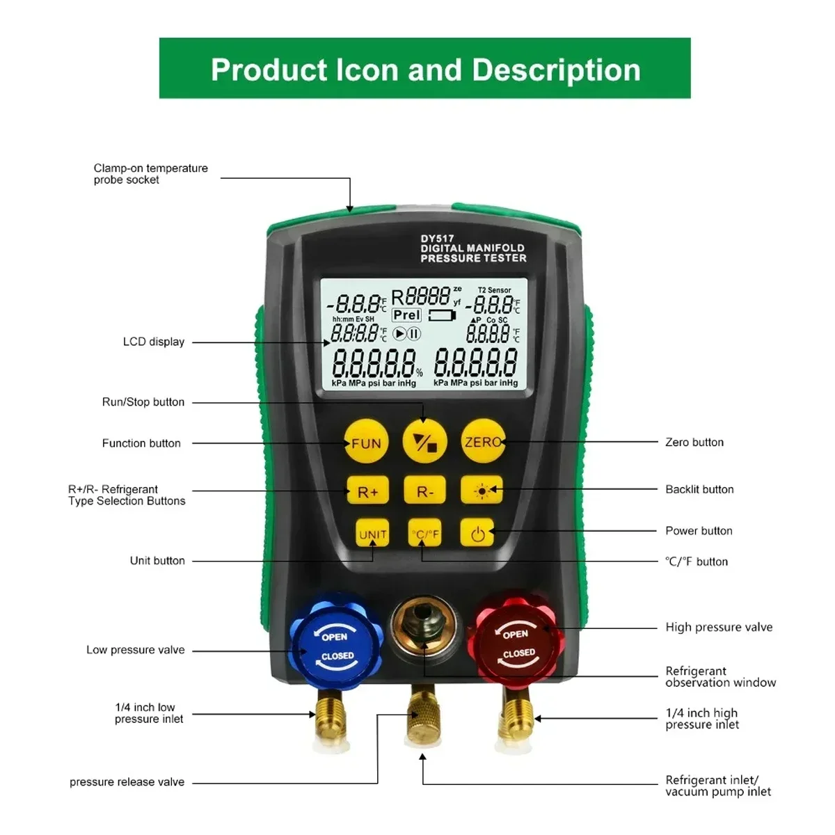 DY517 manometro refrigerazione Digital Vacuum Pressure collettore Tester aria condizionata Tester di temperatura valvole Tool Kit