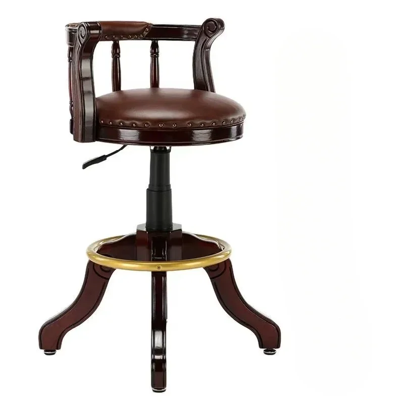 

American Style Genuine Leather Rotating Retro Bar Chair, Bar Lift High Chair, Household European Style Solid Wood Backrest Chair