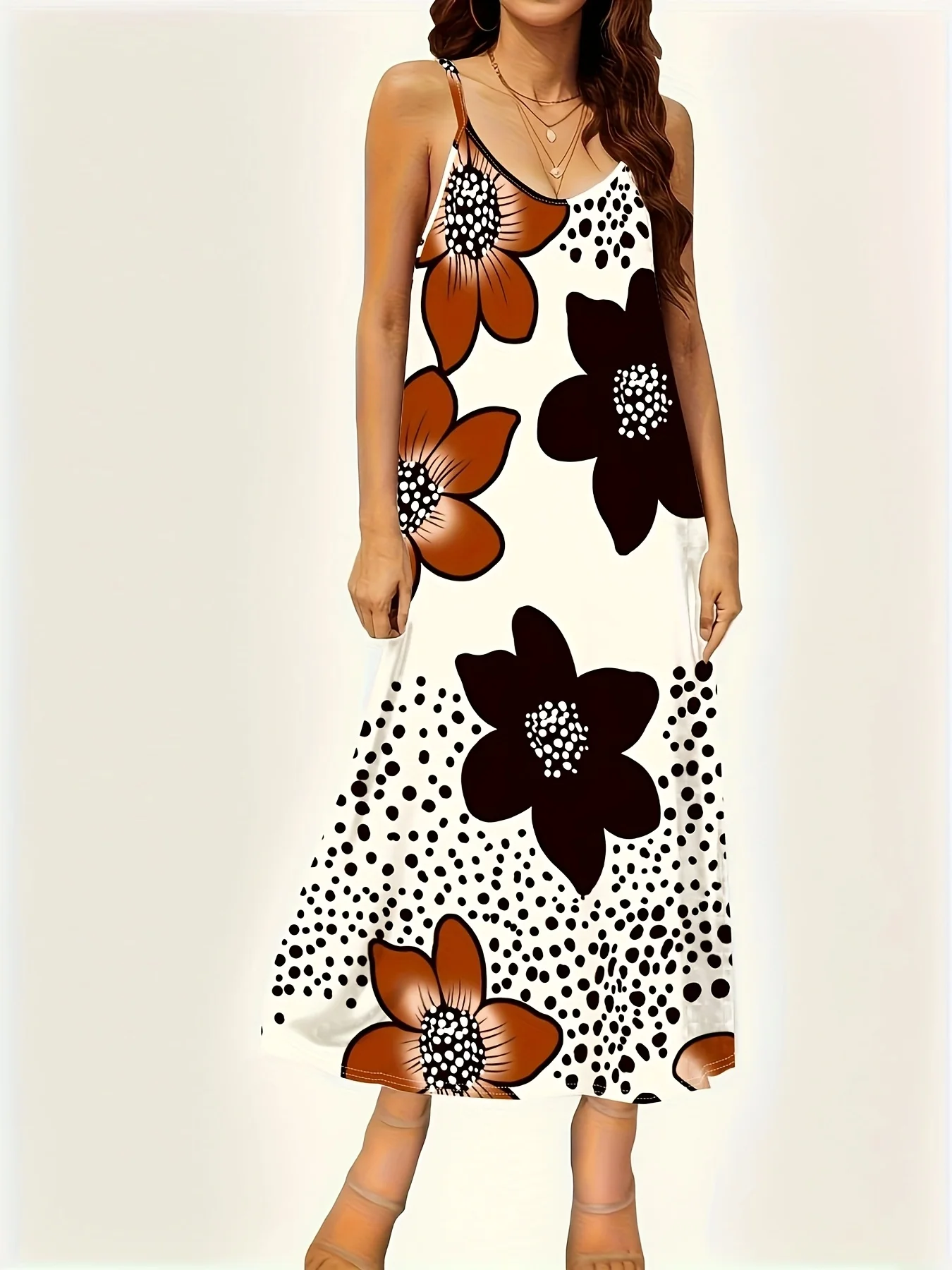 Damen-Midikleid mit Spaghettiträgern, Blumen- und Polka-Dot-Druck, Kontrastfarbe, süßes Sommer-Strand-Casual-Sommerkleid