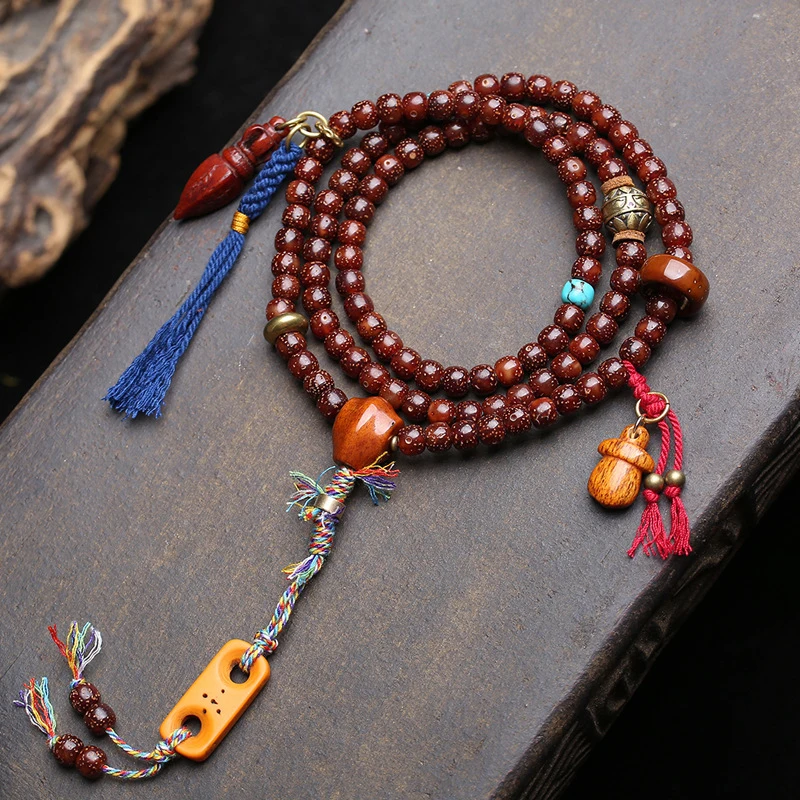 

Natural Reddish-Brown Old Seed-Moon Bodhi Beads, Purple Golden Rat Bead, And Bone Three-Way Connector Accessories
