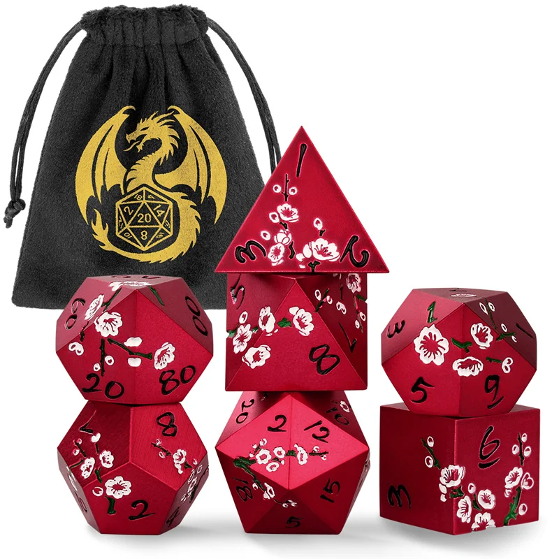 

7PCS/set Plum Blossom Metal Dice Set with Dragon Bag Polyhedral Dice for RPG Tabletop Games Dice for TRPG Cosplay Gift