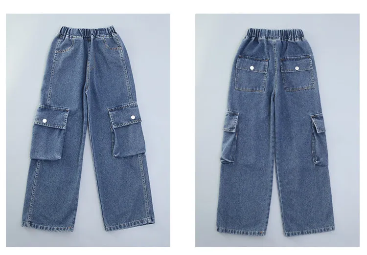 Vintage blaue Cargo-Jeans für Mädchen im Teenageralter, gerade geschnitten, mit Seitentaschen, Kinder-Mode, Street-Style, Jeanshose für Teenager. – Detail 8