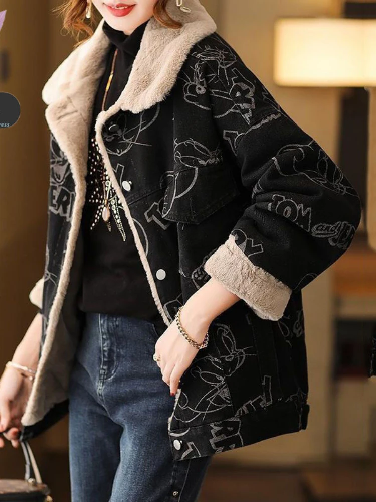 

2022 New Winter Coat Women's New Fashion Hepburn Woolen Stitching Denim Print Warm Coat Denim Jacket Women Coat Women Goth