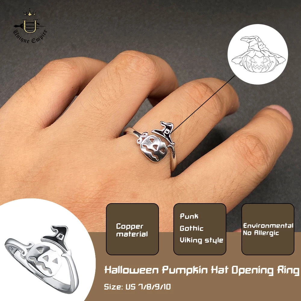 Cute Halloween Witch Hat Pumpkin Open Adjustable Ring Gothic Unisex Finger Ring Holiday Party Jewelry Gift