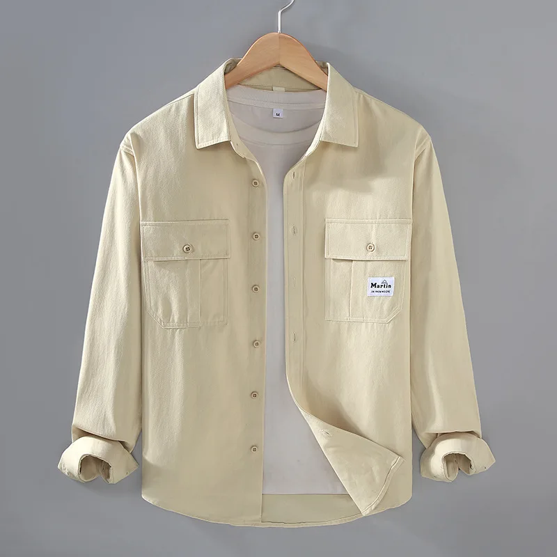 

Осенняя мужская рабочая одежда 2025 года, рубашка с лацканами и двойным карманом, длинным рукавом (повседневная куртка из хлопка премиум-класса)