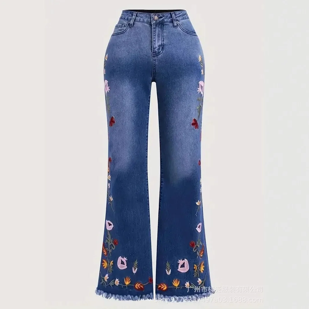 Women's Jeans European And American High-elastic Embroidered Large-speaker Jeans Women's Four-season Comfort And Elegance Casual
