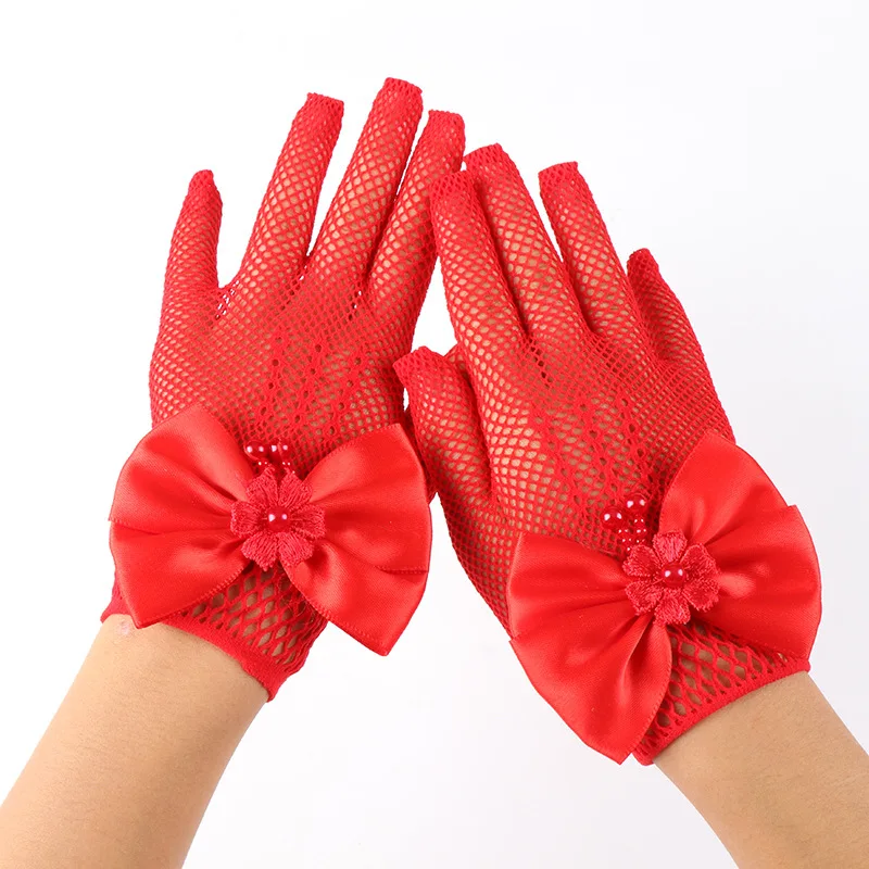 Gloves Girls Lace Tulle White Wedding Bridal Princess Full Finger Fishnet Bow Elastic Lightweight Soft Child Small