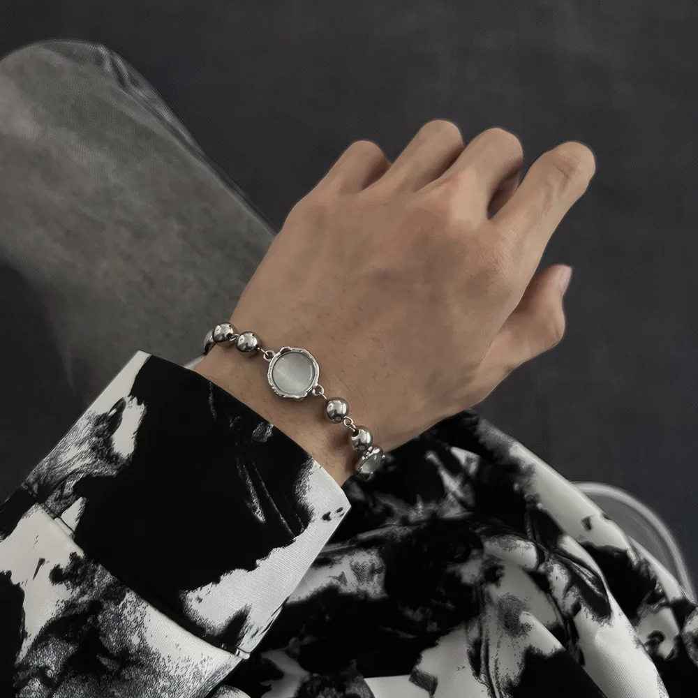 高級ムーンストーンブレスレット男性女性用非退色チタン鋼キャッツアイストーンビーズブレスレットファッションカップルジュエリーKpopギフト