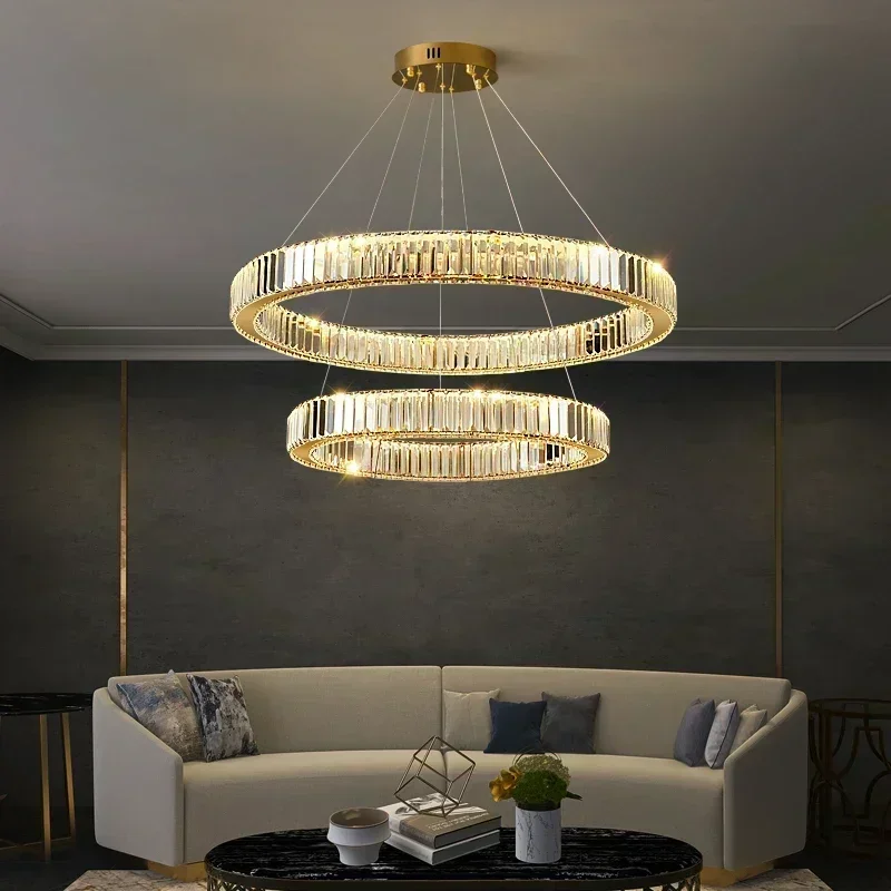 Led Luxury Crystal Ceiling Pendant Lamp  Modern Simple Atmosphere Duplex Building Restaurant Ring Lamp Lustres Home Decor Lamp