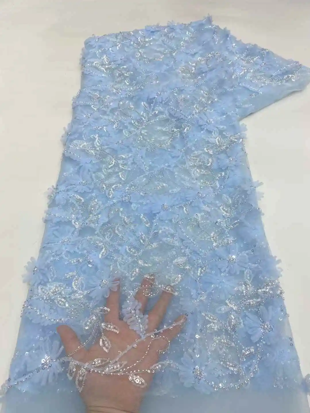 ไนจีเรีย 3D ทําด้วยมือลูกปัดผ้าลูกไม้ Tulle ผ้า 2025 แอฟริกัน Luxury Sequins และไข่มุกสุทธิลูกไม้ผ้าสําหรับงานแต่งงานชุดเจ้าสาว