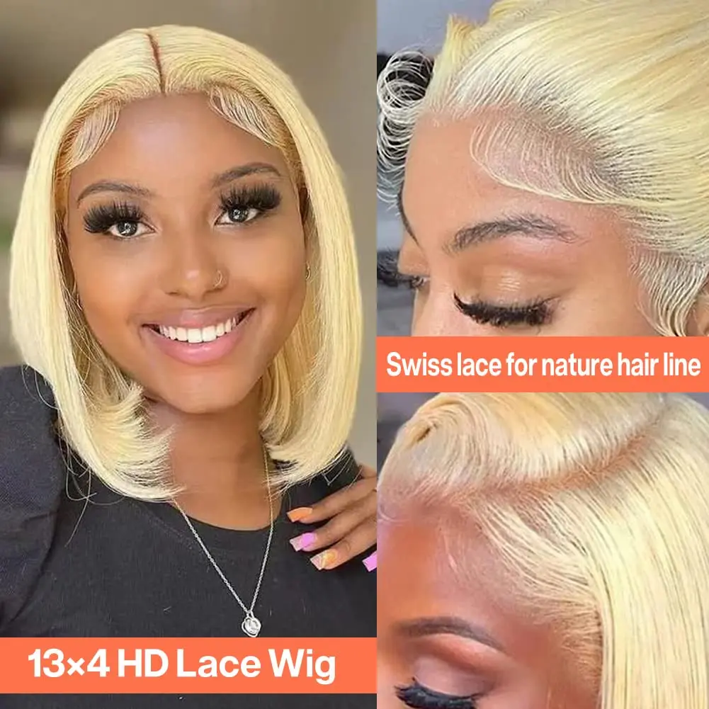 613 Bob-Perücke, Echthaar, vorgezupft, mit Babyhaar, 180 Dichte, 13 x 4, transparente Spitze-Frontal-Perücken, blonde Bob-Perücke, Echthaar