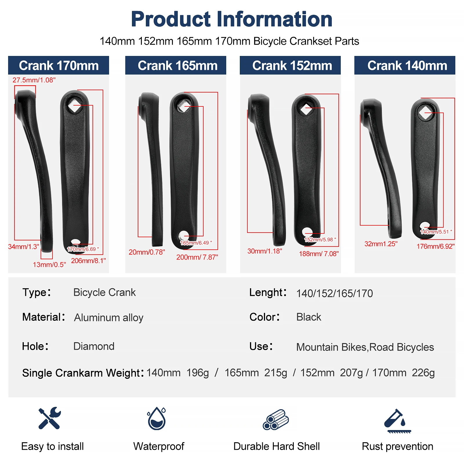 Powallon Bicycle & E-bike Crank Arm Diamond Hole Curved Handle Aluminum Alloy, 140/152/170/175mm Bafang BBS01 BBS02 BBS03 BBSHD