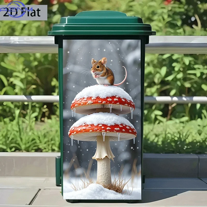 2D Flat Printing 1pc Trash Can Sticker ×cm, Snow Mushroom Perching Mouse Themed Design, Self-Adhesive Wall Decal Wallpaper, Ki