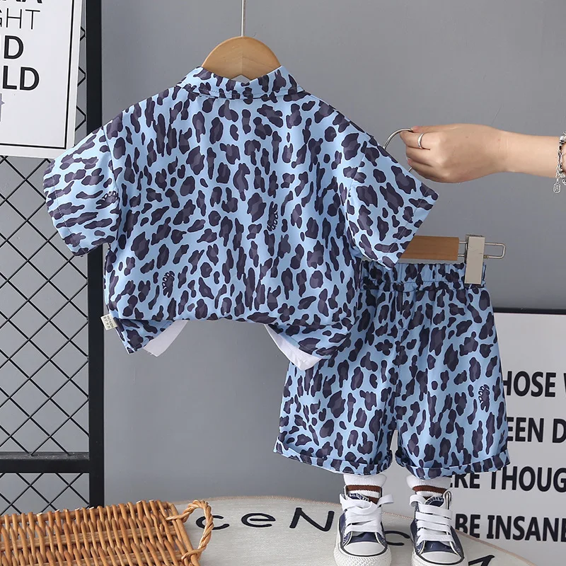Toddler Boys Summer 3PCS Set Leopard Print Short Sleeve Shirt + T-Shirt + Shorts Kids Casual Daily Wear Beach Vacation Clothes