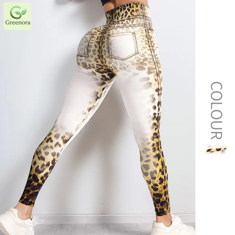 Greenora Leopard Denim Print Leggings Women High Waist Yoga Pants Push Up Gym Tights Fake Jeans Seamless Sportswear Jeggings