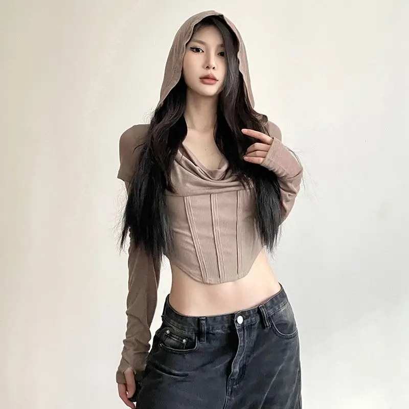 Women American Vintage Draped Cowl Neck Hooded Long Sleeve T‑shirt Irregular Waist Slim Fit Spice Girl Streetwear Top