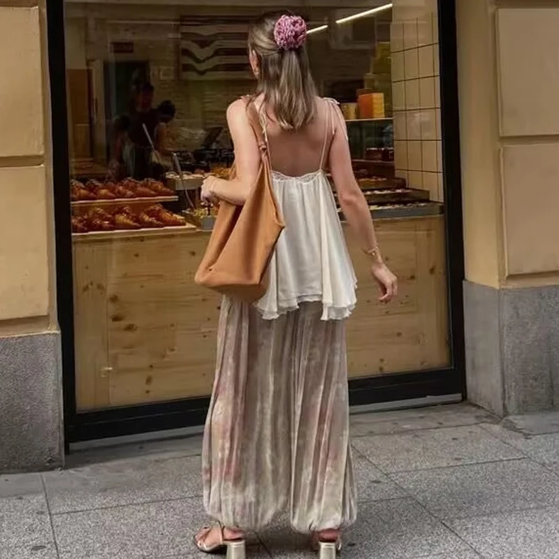 HXAO Damskie Spodnie Letnie z Nadrukiem Kwiatowym, Luźne Spodnie Damskie w Stylu Boho z Plisami, Płynne Spodnie Damskie Casual, Półprzezroczyste Spodnie Balonowe