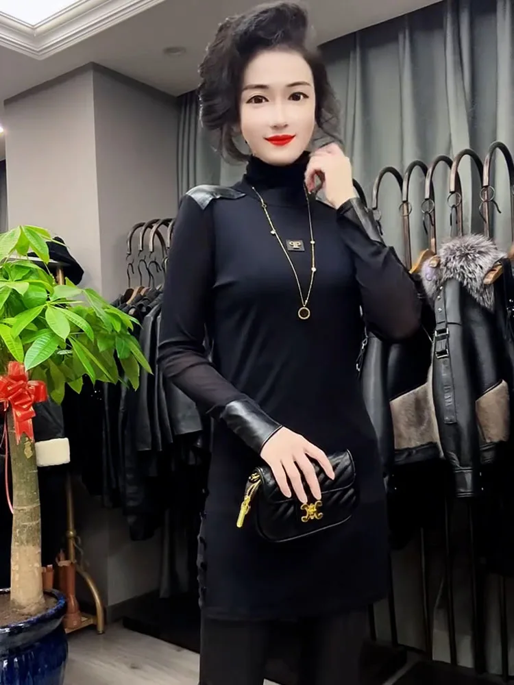 Slim Fit Midi High Collar Women's Base irt Faionable Ele Versatile Autumn Winter New Arrival Button Detail Long Sv...