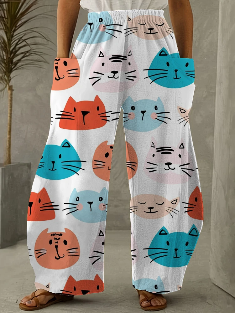 2024 Damen bedruckte Hose mit weitem Bein Katze bedruckte lässige Damen bekleidung Outdoor-Sport Damen hose plus Größe Laternen hose