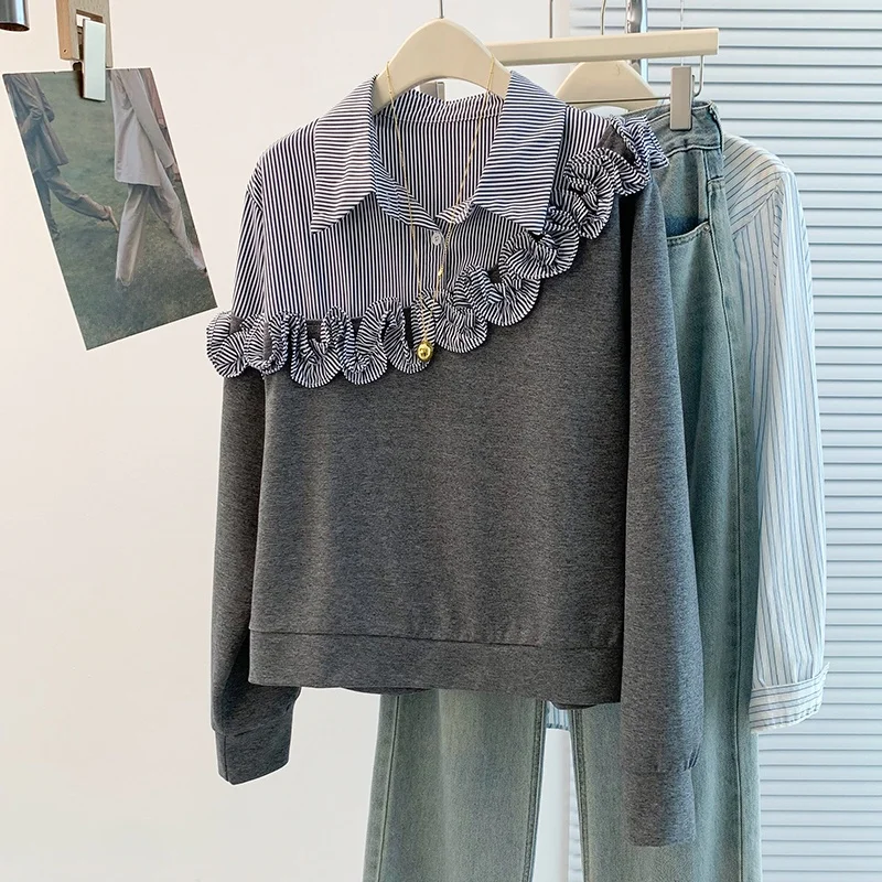 

Модная корейская дизайнерская футболка-худи в полоску с воротником-рубашкой, элегантная, с текстурой под дерево, для города, свободного кроя, длинный рукав