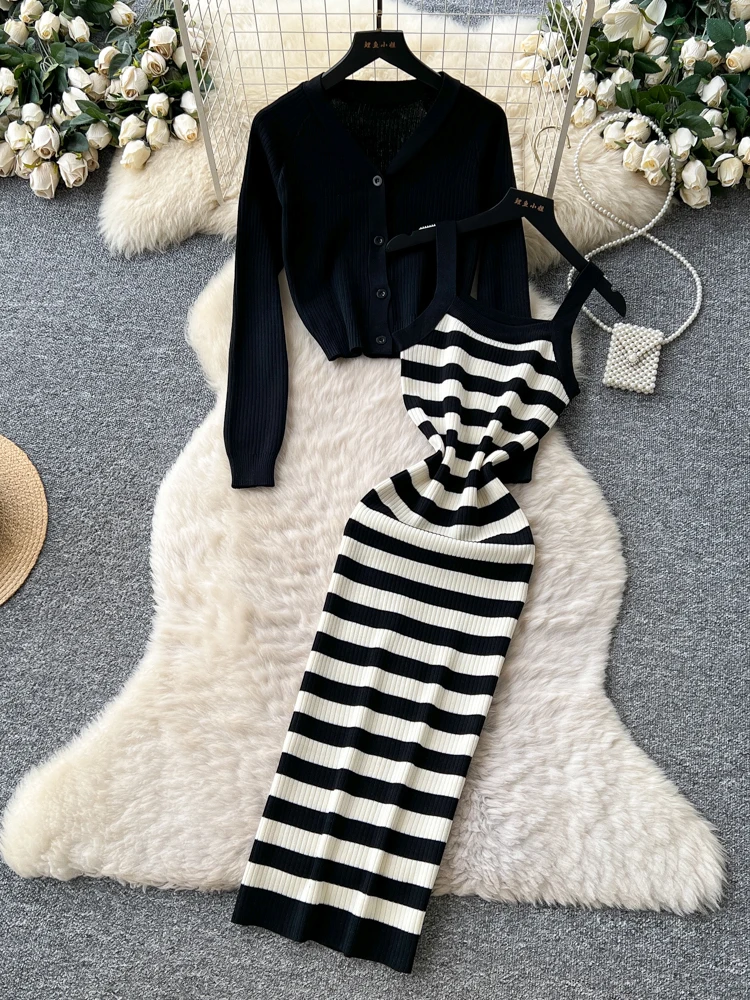 Gestricktes Dr-Set für Damen, lang, Sve, gestreift, Innenbekleidung, Strickjacke, hohe Taille, schmale Passform, Pendeln, Herbst-Faion-Ensemble