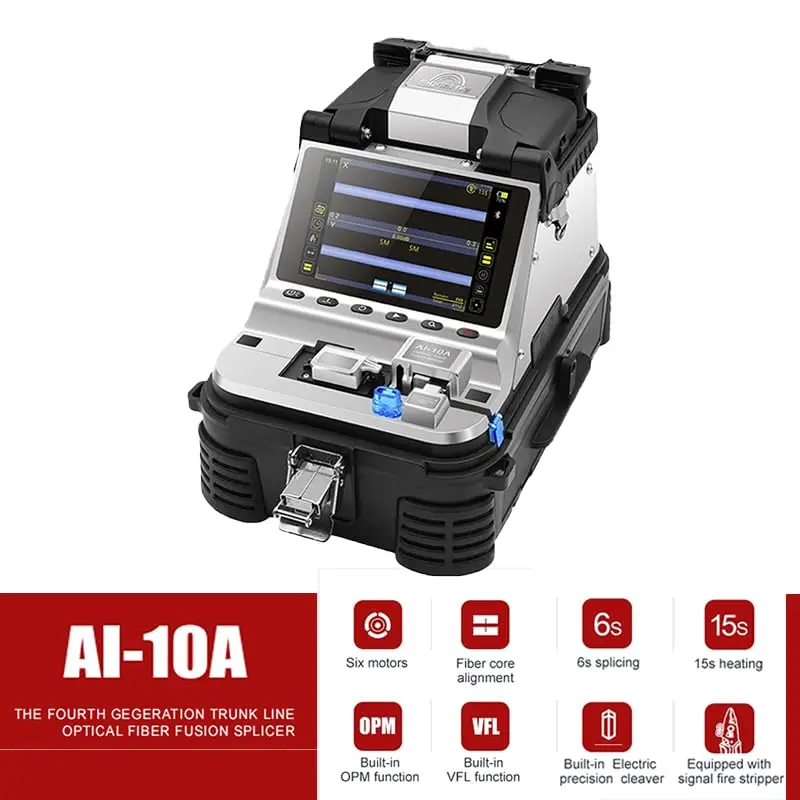 AI-10A Fiber Optical SM MM Fusion Splicer Six Motor Core Alignment Fiber Splicing 6SHeating 15S Integrate Accuracy Cutting Knife