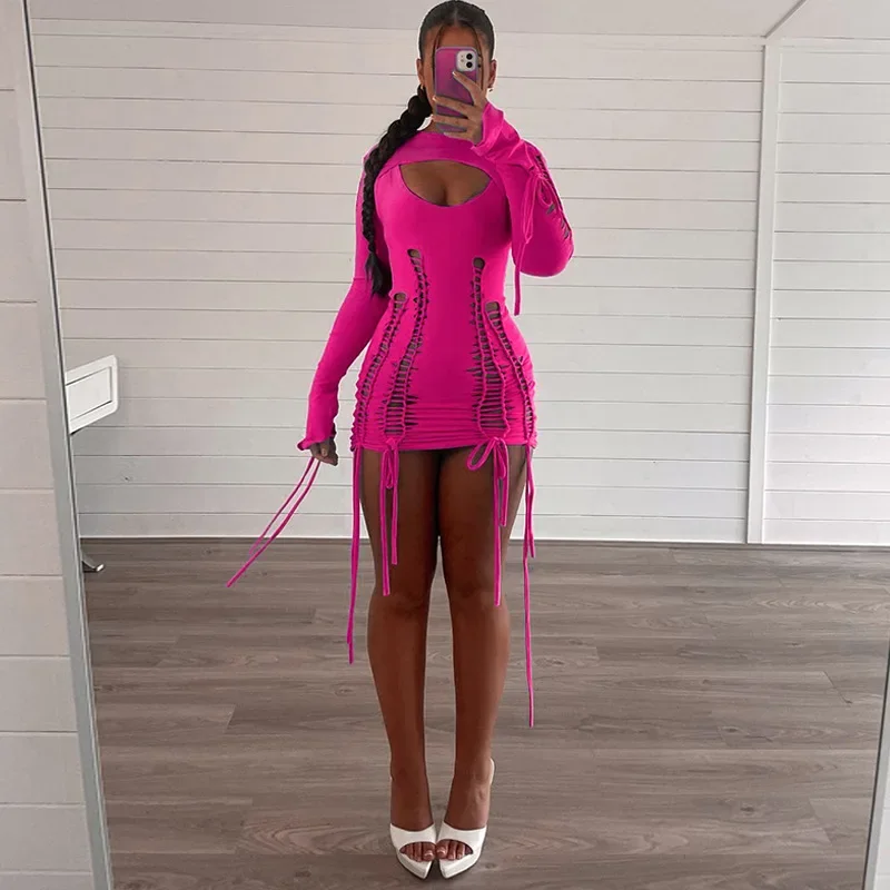 

2 Pieces Hollow Out Lace up Bodycon Mini Dress