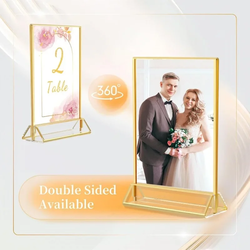 Acrylic Gold Triangle Table Double-Sided Photo Frame Horizontal & Vertical Display Rack Transparent Card Holder Stand