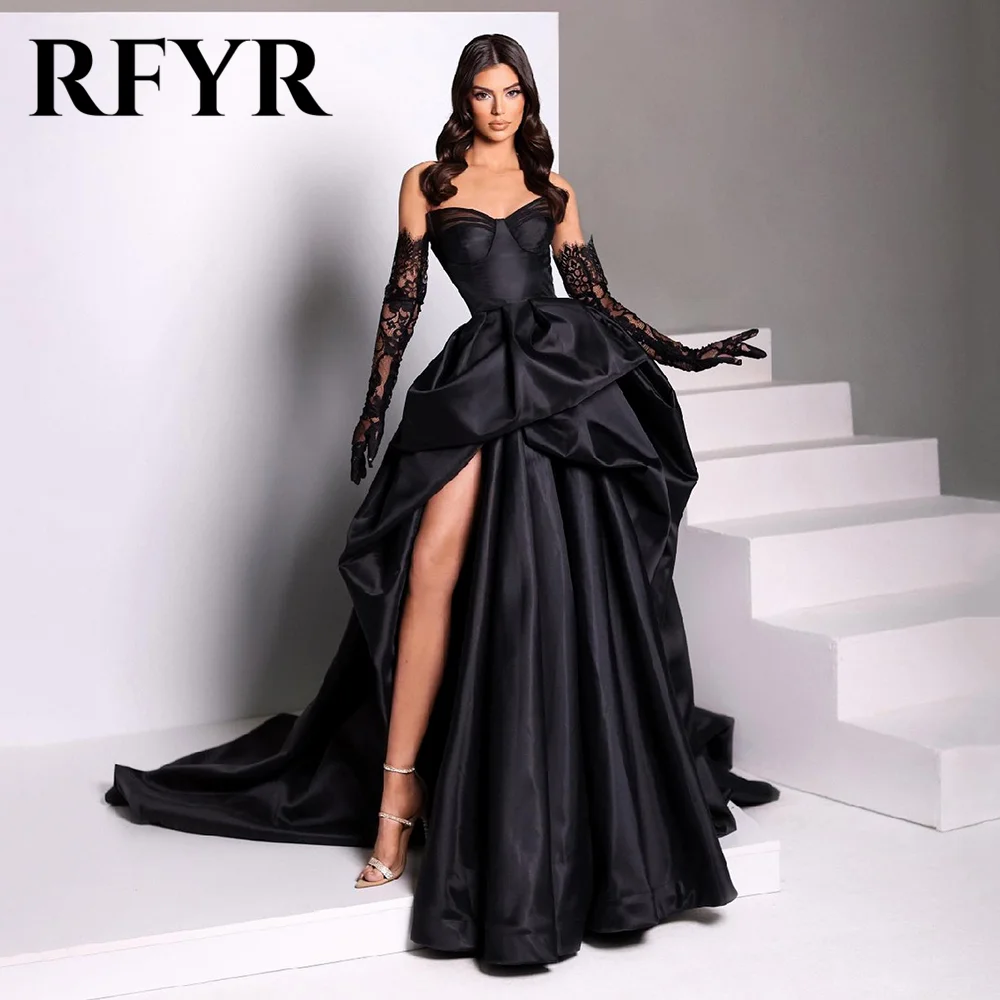 

RFYR A Line Black Evening Gown Pleat Elegant Prom Dress for Women Tiered Wedding Evening Dress with High Split robes de soirée