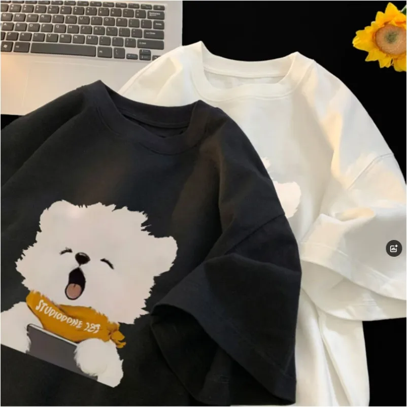 M-8XL Anime Cute Little White Bear Print Suitable For Men And Women's Casual T-shirt Korean Loose Top Versatile Couple's Wear