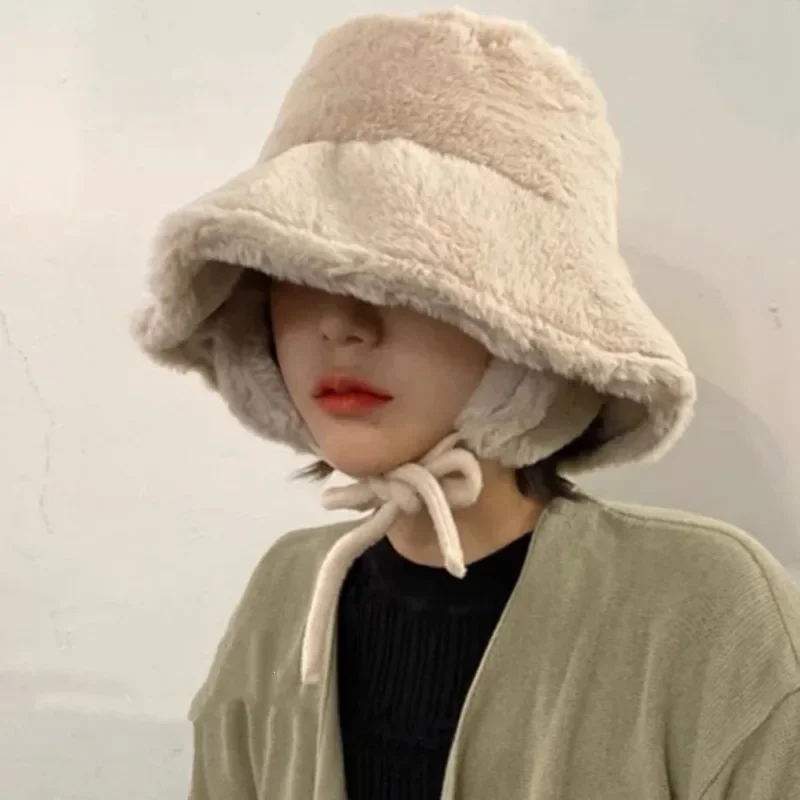 Korean New Ear Protection Bucket Hats for Women Autumn and Winter Travel Versatile Warm Retro Solid Color Plush Men's Caps 2024